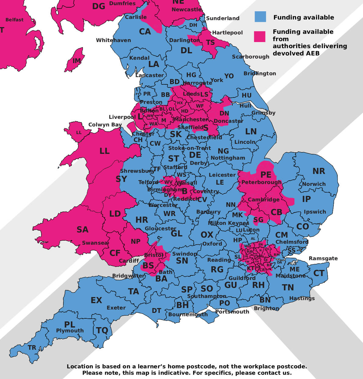 England NVQ Level 3 Occupational Work Supervision funding coverage map — blue areas are eligible for government funding