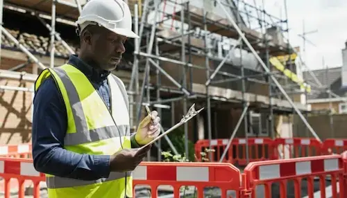 Site Inspection NVQ Level 3 candidate inspecting workmanship on a construction site